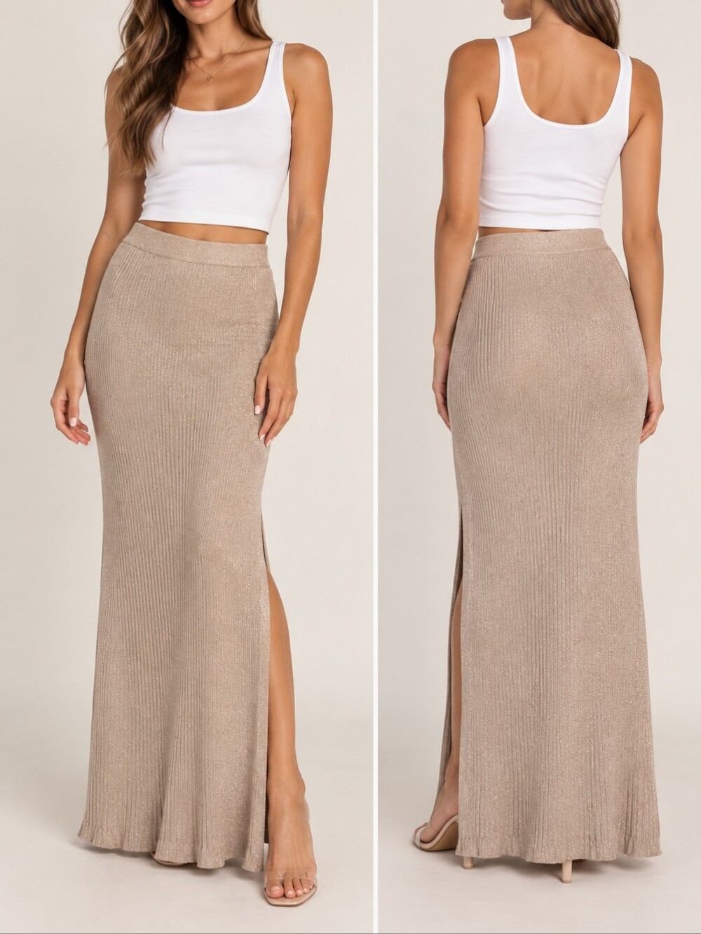 Devon Windsor Metallic Ribbed Knit Maxi Skirt XS Rose Gold Beige Stretch 35"